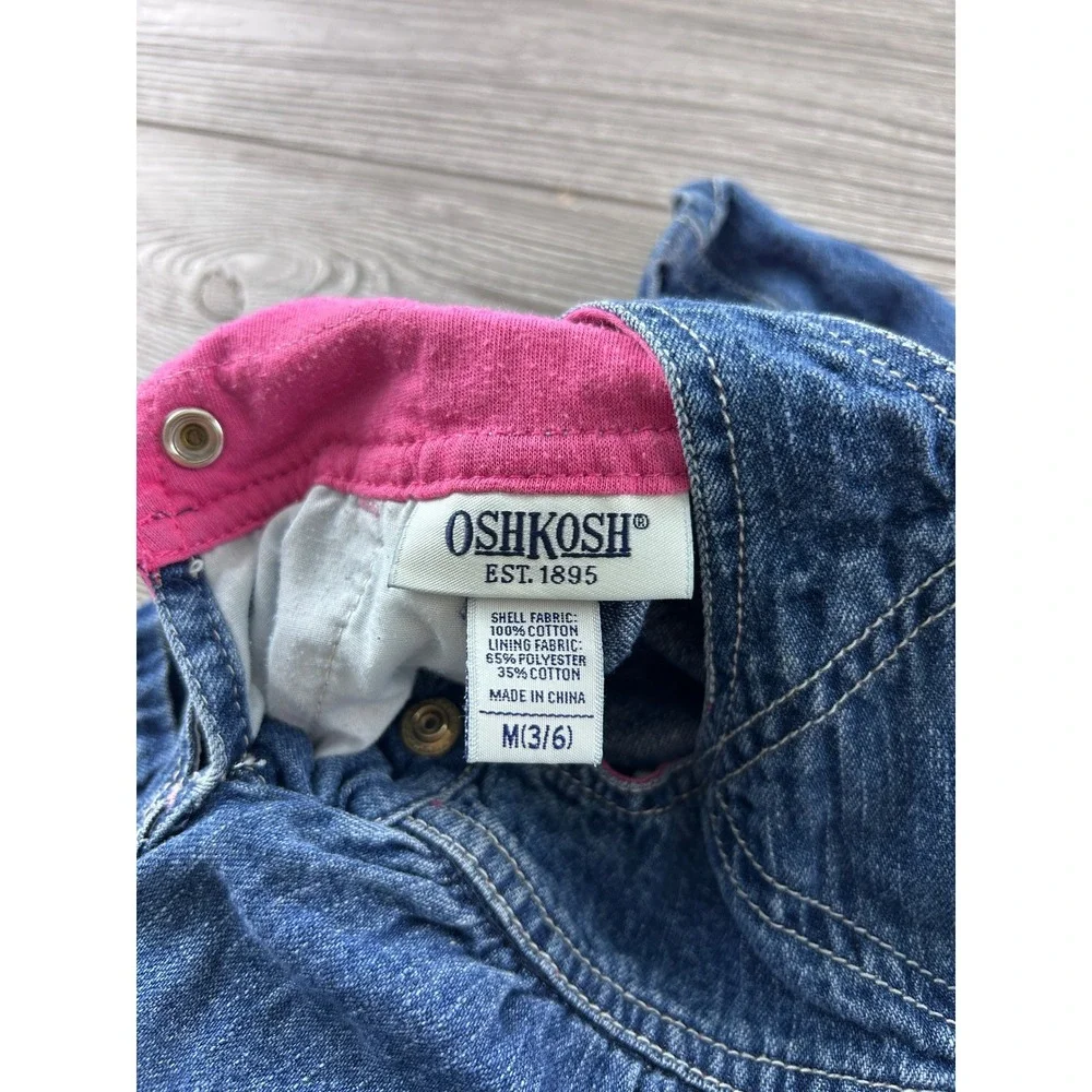 OshKosh Bgosh Baby Girls Denim Jumper Dress Embroidered Cat Apple Size 3-6M
